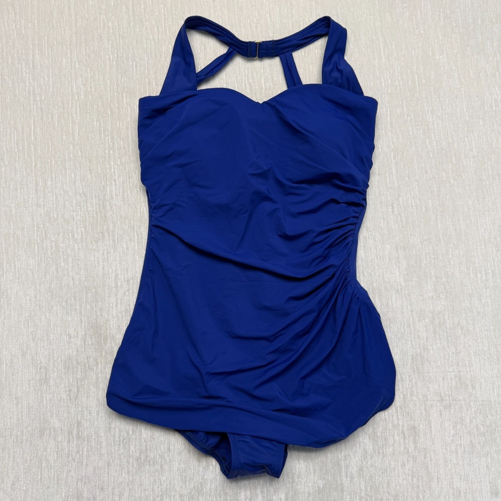 Lands' End Ruched Swimsuit One Piece Womens 8 Blue Padded Beach Swim Dress